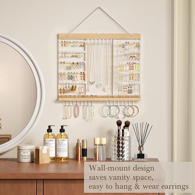 Large Rotating Hanging Jewelry Organizer, 5-Tier Wall Mounted Earring Holder for 180 Pairs, Jewelry Rack for Earrings, Necklaces, Bracelets & Rings, Necklaces, Bracelets & Rings, for Girls, White