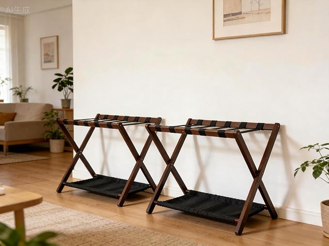 Walnut Bamboo Luggage Racks Set of 2 ,with 5 Nylon Straps, Foldable， Double-Layer Storage Shelf，26.18"L for Bedroom/Guest Room/Hotel (Walnut -2pack)
