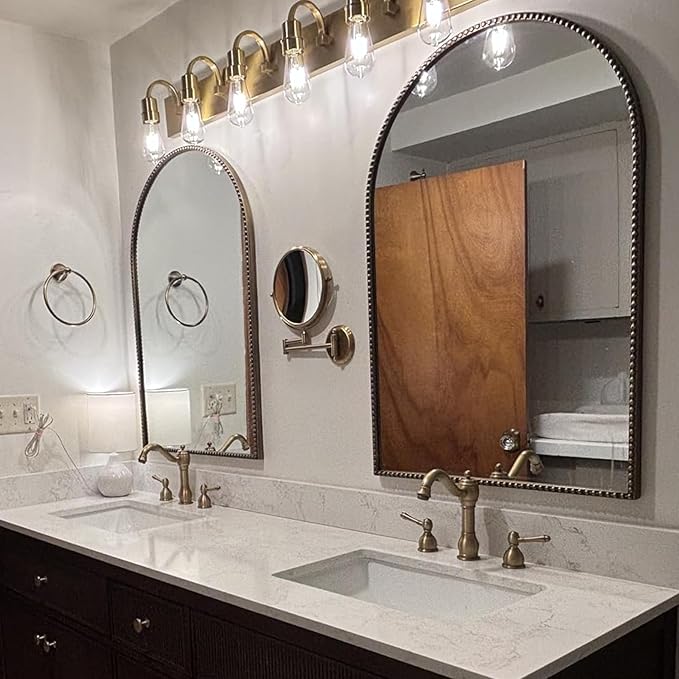 Antique Gold 24"x36" Arched Wall Mirror with Metal Beaded Frame - Decorative Accent Wall Mirror for Bathroom, Bedroom, Living Room, Entryway