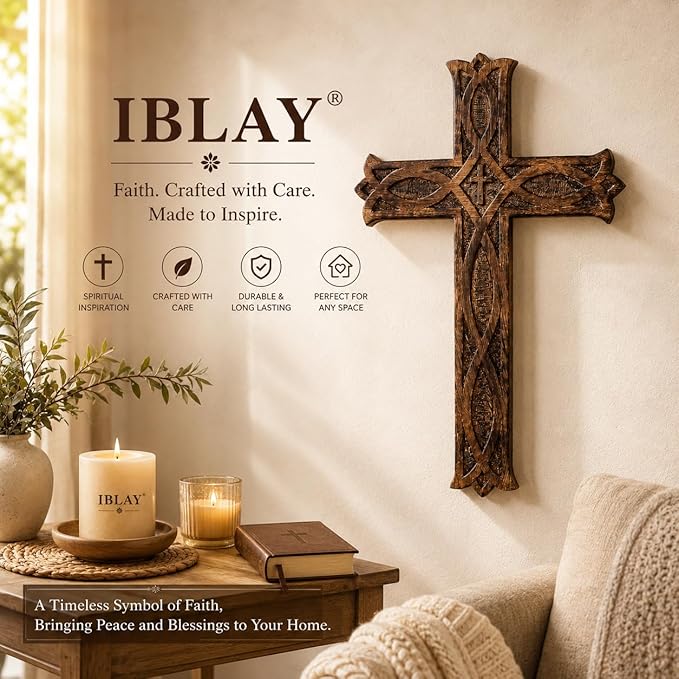 IBLAY Wooden Religious Catholic Crucifix Cross Wall Hanging 18 x 12 Inches Carvings Living Room Home Decor Accent Church Chapel Altar Wall Art Decor