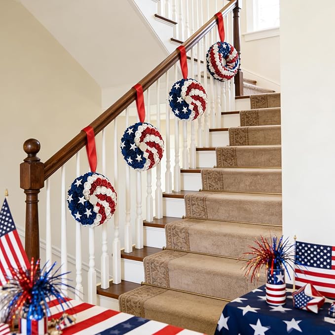 Idyllic 4 Pcs Patriotic Wreaths, 7 Inch 4th of July Decorations with Red White Blue PE Roses & 5 Stars - Includes Hanging Ribbons, Independence Day Wreaths for Front Door, Windows, Multi-Pack