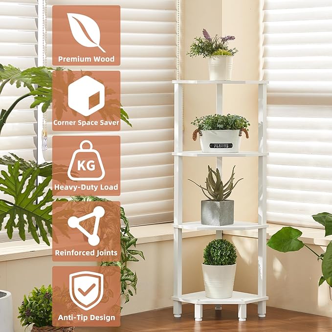 YUFAM 5-Tier Corner Shelf with Sturdy 5-Leg Base, Wooden Corner Bookshelf for Small Spaces, Corner Standing Shelf for Living Room, Bedroom, Office, White