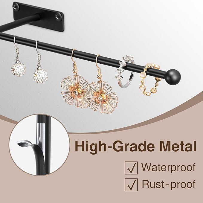 Wall Hanging Jewelry Organizer: 12.6'' Necklace Holder for Earring, Bracelet, Rings, Hairband, Glasses, Black 2-Pack, Screws Included