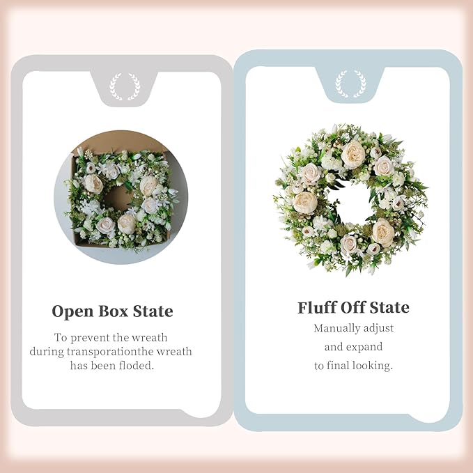 Artificial Floral Wreath for Front Door, 22" White Peony Rose Wreath for Indoor Outdoor Home Wall Window Wedding Decorations