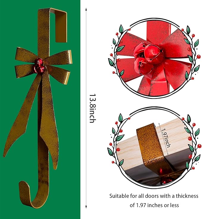 Bow Shape Metal Door Wreath Hanger, Christmas Wreath Hooks for Front Door, Decorative Wreath Hangers for Front Door - Over The Door No Drill Hold for Holiday Garland & Decor
