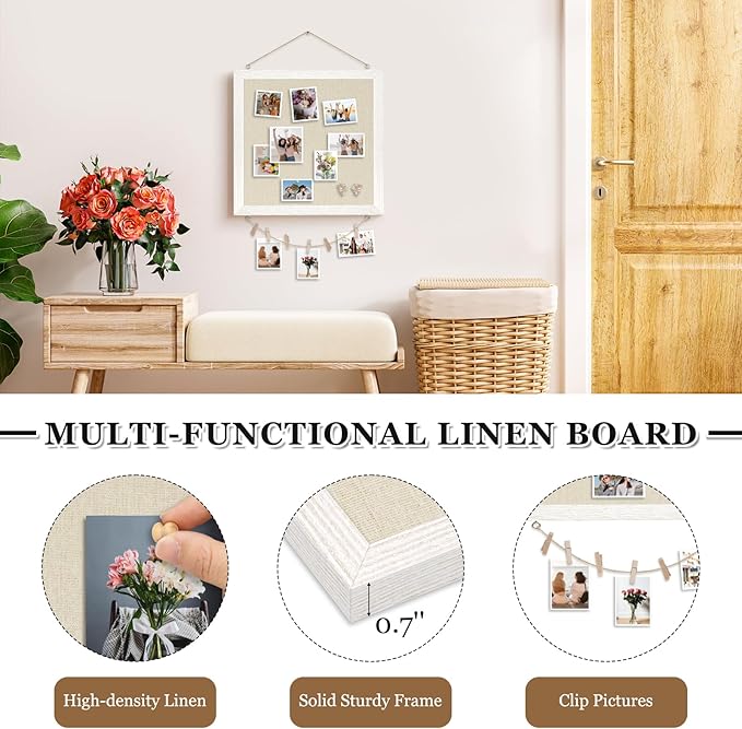 DOLLAR BOSS Bulletin Boards with Linen 1-Pack 12''X 12'' Double-Sided Cork Board for Walls Wood Framed Bulletin Boards, Small Pin Board for Home Kitchen Office Decorative Hanging 10 Pushpins