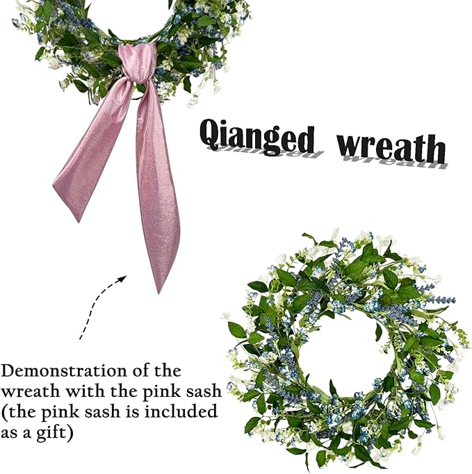 22 Inch Blue & White Floral Wreaths for Front Door, Spring Summer Floral Wreath with Pink Sash, Farmhouse Wreath for Porch, Wall, Window, Indoor Outdoor Home Decor