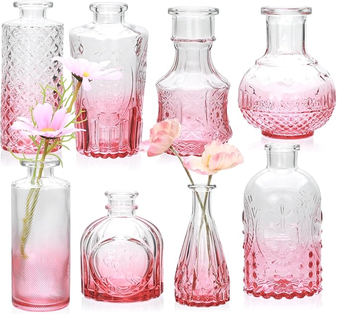 Brajttt Pink Small Flower Vase Set, Glass Bud Vase in Bulk Set of 8,Artistic and Cultural Flavor Mini Vases for Home Office Decor, Bedroom, Office, Living Room Decorations,Wedding