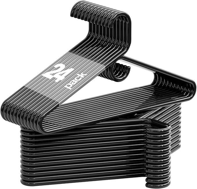 Black Plastic Hangers 24 Pack, Heavy Duty Clothes Hangers for Standard Size Hangers with Center Hook & Non-Slip Pants Bar for Shirts, Pants, Coat, Dresses, Jackets, Scarves and Belts