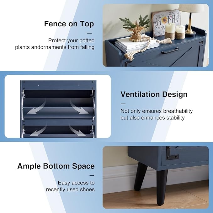 Shoe Storage Cabinet,Farmhouse Shoe Organizer with 2 Flip Drawers & Barn Door Design,Freestanding Hidden Slim Narrow Shoe Rack Cabinet for Entryway,Foyer,Hallway,Navy Blue