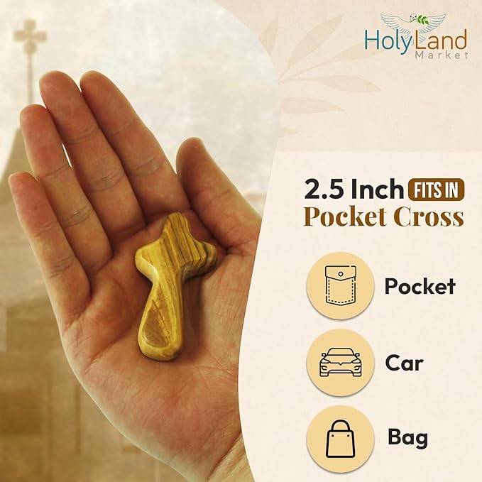 Holy Land Market Pocket Crosses - 50, 2.5 Inch Handmade Jerusalem Crucifix with Certificates & Lord Prayer Card - Holy Land Olive Wood Cross (50 Olive Wood Crosses from the Holy Land)