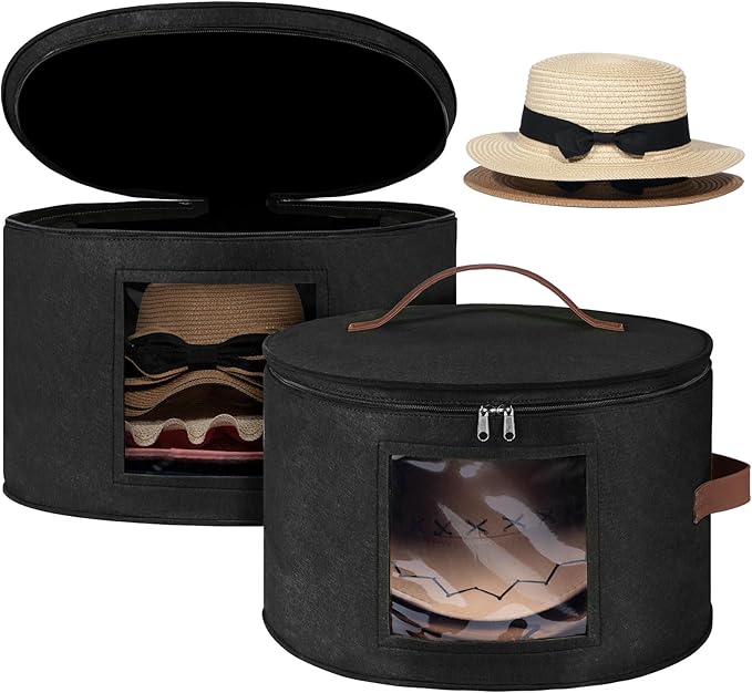 Lifewit Round Cowboy Hat Box for 7 Caps, Large Felt Hat Organizer Bag for Men&Women Storage, Baseball Cap Container with Lid for Travel, Foldable 16.5" Dx10.6 H Carrier, 37L Each, Black 2 Pack