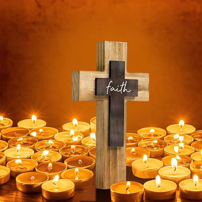 OKSQW Wall Wooden Cross Christians Crosses Spiritual Religious Cross With Hook Christmas Wall Hanging Handmade Nature Wood Color with Faith Design for Church Home Room Decor Wood Crucifix Gift