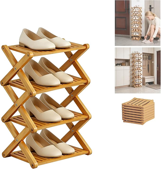 2/3/4/5/6/7/8/9 Tier Bamboo Shoe Rack - Foldable,No Installation Needed,Space-Saving Multi-Tier Storage for Indoor & Balcony Use (Yellow,4 Layers)