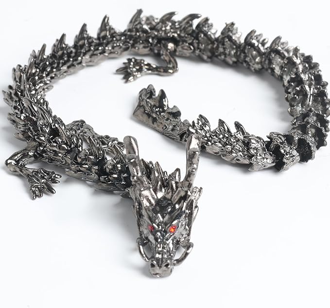 LIYAOLI Metal 3D Printed Articulated Chinese Dragon Figurine Statue Bookshelf Decor 9 Inch Black Flexible Joints Luck Dragon for Home Office Desk Decoration