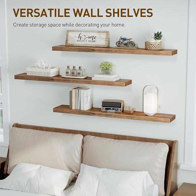 RALGEND Floating Shelves for Wall, 1.5" Thick Wall Shelf Set of 3 with Invisible Bracket, L47.2 x W7.9 Hanging Shelves Farmhouse Home Decor for Bathroom, Living Room, Bedroom, Rustic Brown 12301BJP3BF