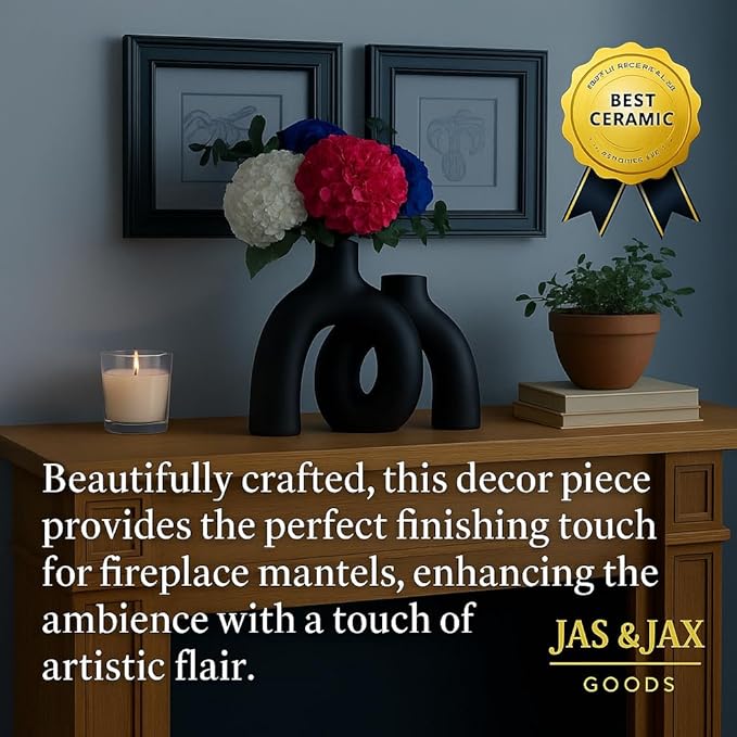 Matte Black Ceramic Vase Set - Modern Hug Donut Ceramic Vases by JAS & JAX GOODS, Minimalistic Nordic Home Decor Centerpiece for Console Tables, Living Room, Bookshelf, or Fireplace Mantel