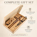 Woodvio Handmade Wooden Wall Cross with Metal Jesus Corpus, Traditional Catholic Crucifix for Wall, Christian Religious Gift with 2 Wooden Rosaries