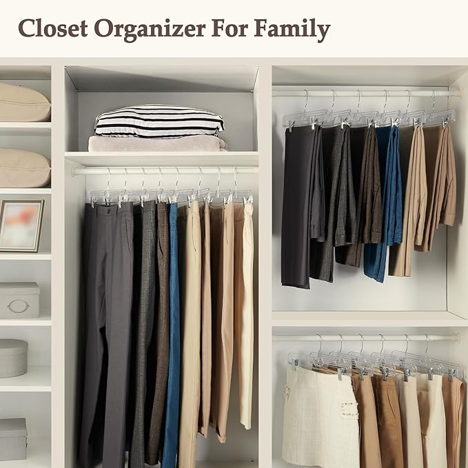 HOUSE DAY Clear Pants Hangers with Clips 300 Pack, Non-Slip Plastic Skirt Hanger with Adjustable Clips, Slim Clip Hangers for Pants, Skirts, Shorts, 14" Clear Hanger, 360-Rotating Swivel Hook