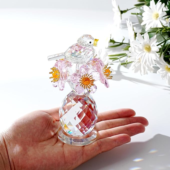 Crystal Bird & Forget-Me-Not Flower Figurine,3x4 inch Glass Flower Collectible Ornaments for Home Decor Table Centerpiece Glass Bouquet Flowers Keepsake Gifts for Women （Pink）