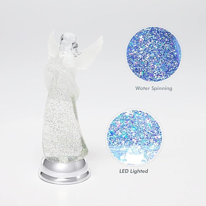 Christmas Angel Snow Globe Water Spinner LED Light Battery Operated Glitter Angel Figurine 12.8” Tabletop Christmas Decoration Holiday Home Décor by Moments in Time