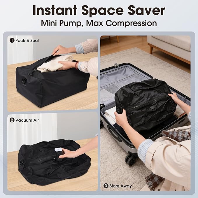 Airless Vacuum Travel Bags with Wireless Pump, Reusable Waterproof Durable Tear-Resistant Luggage Compression Bags (1bag+1pump Set), Suitable for Luggage and Suitcase