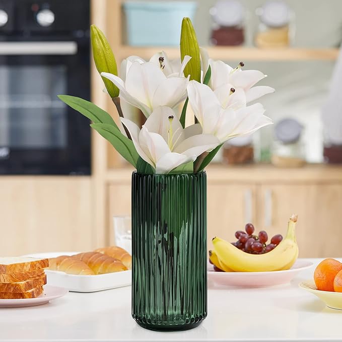 Flower Vase 9.7 inch Green Thickened Hand Blow Glass Vase Round Vintage Striped Bottles for Bookshelf,Dinner Table,Indoor Office Desktop,Meeting Room,Bathroom,Countertop,Home