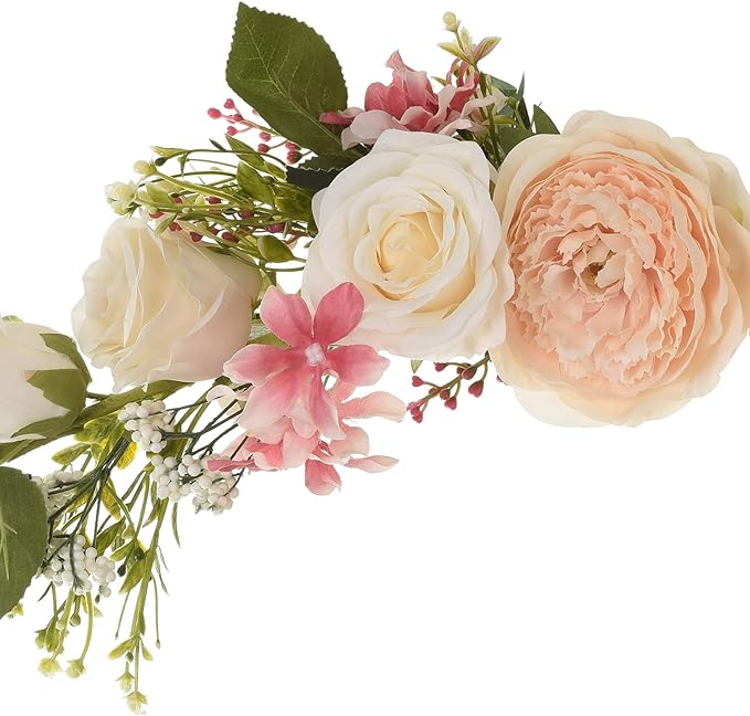 Lvydec Artificial Peony Flower Swag, 25 Inch Decorative Swag with Champagne Peony White Rose and Green Leaves for Wedding Arch Front Door Wall Decor