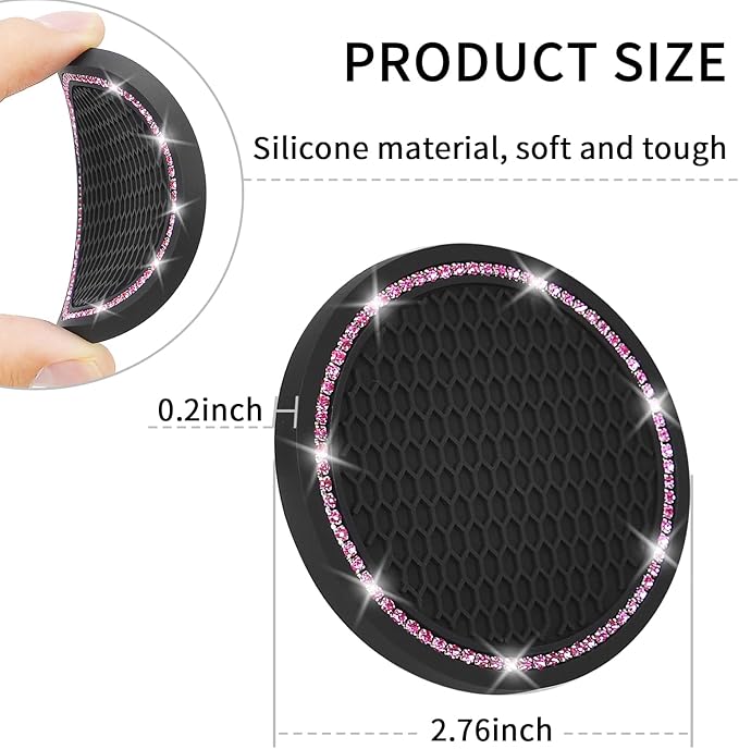 4 Pack Car Coasters, Universal Vehicle Bling Car Coaster, Cute Rhinestone Coaster for Cup Holders,Interior Accessories 2.75'' Silicone Anti Slip Car Coasters for Women (Pink Crystal Circle)