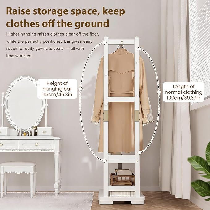 Solid Wood Clothes Rack with 2 Shelves & 4 Hooks for Hanging Clothes Garment Wallets Hats, White Clothing Rack Heavy Duty Coat Rack Freestanding with Storage Hall Tree for Hallway Bedroom Living Room
