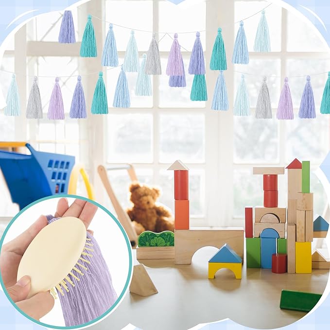 WILLBOND 4 Pieces Valentine's Day Tassel Garland for Classroom Wall Decor Boho Pastel Garland Cotton Tassel Banners for Party School(6.2 Inch,Purple Colors)
