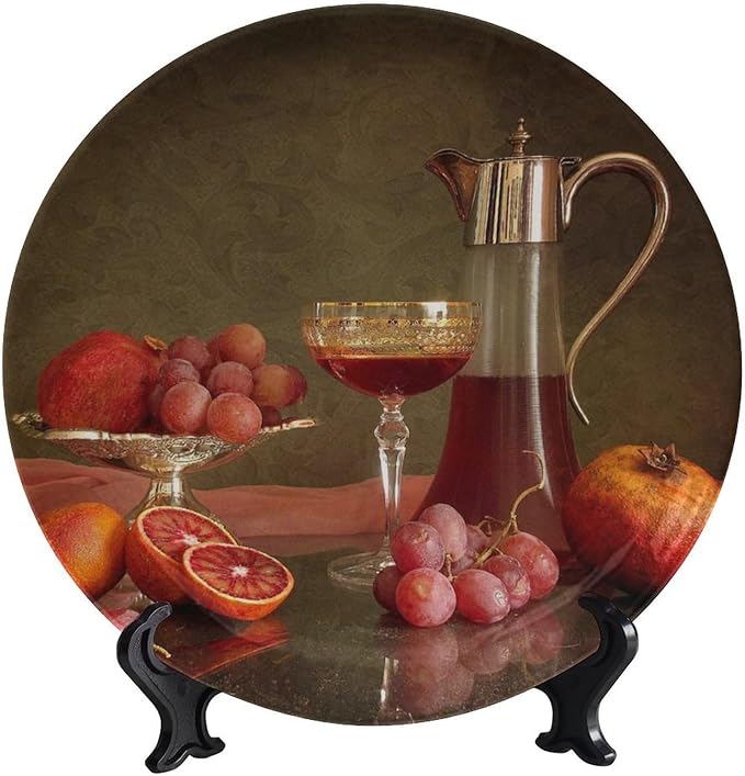 Decorative Plate Holder, 8 Inch, Blood Orange Grape Pomegranate Cider Round Display Plate, Hanging Decorative Plate with Display Stand, for Home Kitchen Bedroom Decorative Ornaments