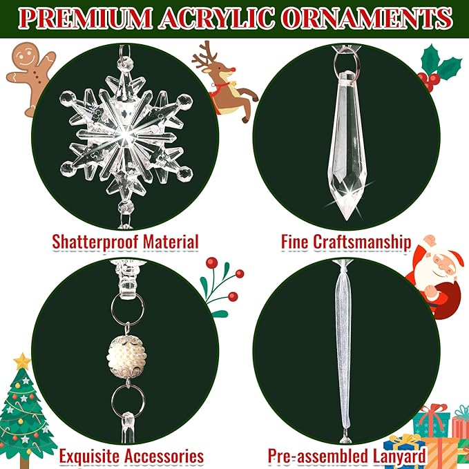 Christmas Tree Decorations 18Pcs(Ready to Hang), Acrylic Crystal Ornaments for Christmas Tree- Hanging Christmas Snowflake Decorations for Xmas Decor, Weddings, Frozen Birthday Parties