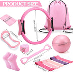 Pilates Ring Circle Set 18 Pcs Exercise Equipment Accessories for Women Workouts Pilates Ball Stretching Strap Magic Circle Yoga Ring Gym Back Bag Resistance Band Anti Slip Socks