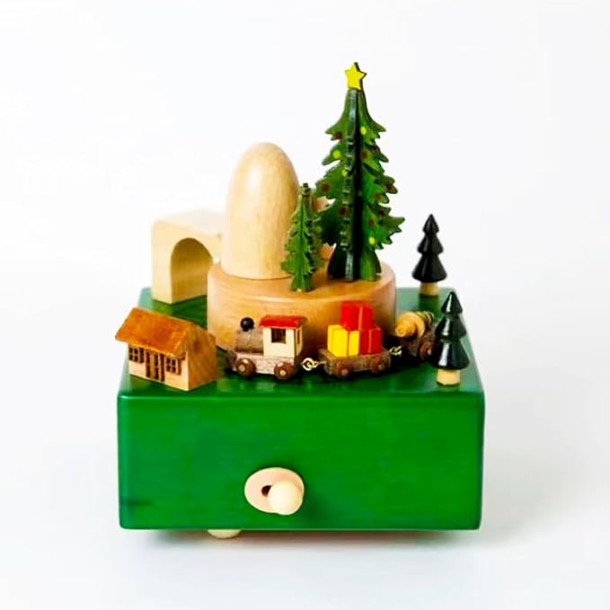 Natural Solid Wood Handcrafted Beech Wooden, Musical FigureTotoro/Carousel/Fairy/Ballerina Figurine,Rotating Hand Crank Mechanism Music Box,Musical Decorations (Green Christmas Train)