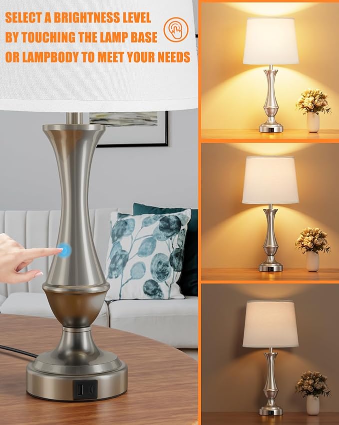 Seealle Upgraded Touch Lamps for Night Stands Set of 2 - Bedside Lamps with USB C+A, 3 Way Dimmable for Bedroom Living Room End Tables Office (White&Nickel)