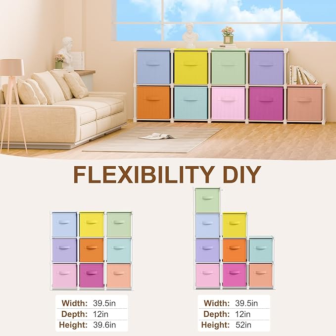 9 Cube Storage Organizer with Shelf Back to School Boxes 11 Inch Toy Storage Bins Closet Organizers Drawers Fabric Dresser for Playroom Books Bedroom Dorm Kitchen (Macaron Colors)