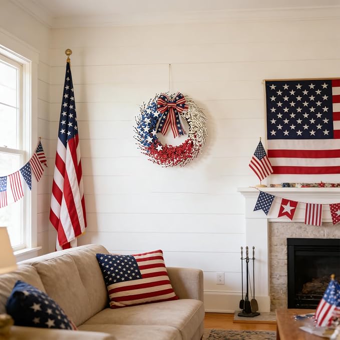 Idyllic 22 Inch Large Patriotic Wreath with Red White Blue PE Ribbons & White Stars - 4th of July Memorial Day Front Door Decor, Outdoor Holiday Wreath