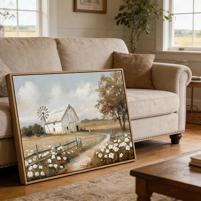 Framed Barn Canvas Wall Art Farmhouse Rustic Decor Pictures Farm Windmill Countryside Nature Field Meadow Flower Posters Prints for Home Decoration Bathroom Bedroom Living Room Decoration