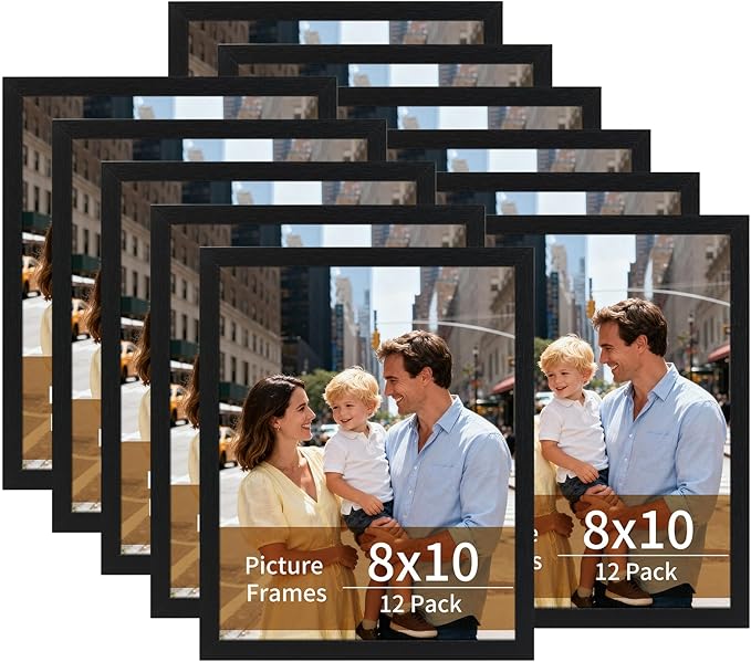 Lyeasw 8x10 Picture Frames Black 12 Pack, Matted Wood Grain Lightweight 8 x 10 Photo Frames for Wall Collage and Desk & Home Decor, with Horizontal or Vertical Placement.