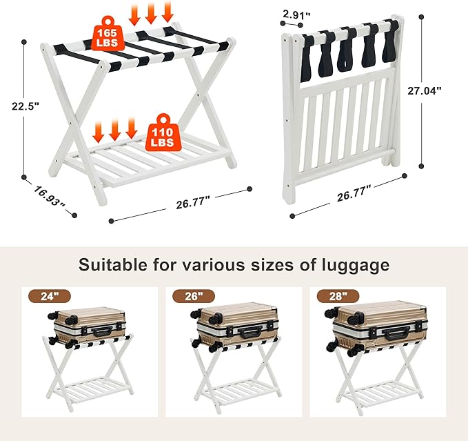 Fully Assembled Luggage Racks Pack of 2, Upgraded Bamboo Foldable Suitcase Stand with 5 Nylon Straps, 26.77" Thickened Luggage Stand Holder with Shelf for Guest Room Bedroom Hotel, White
