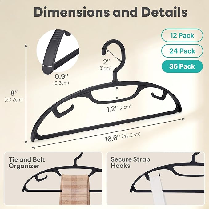 HOUSE DAY Plastic Clothes Hangers 36 Pack, Sweater Hangers No Shoulder Bump, Thick Heavy Duty Coat Hanger for Closet, Black Wide Hanger with Non-Slip Hook for Sweaters, Suits, Dresses, Jackets, Pants