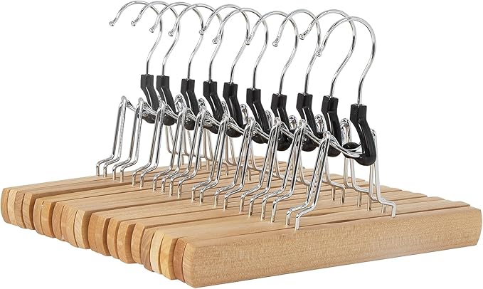 Amazon Basics Sturdy Wooden Pants Hangers - Natural, 10-Pack