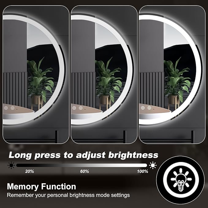 DUMOS 28 Inch Round LED Bathroom Mirror with Lights, Circle Vanity Mirror with Anti-Fog, Dimmable, 3-Color Light, Front Light and Backlit, Memory Function, Tempered Glass