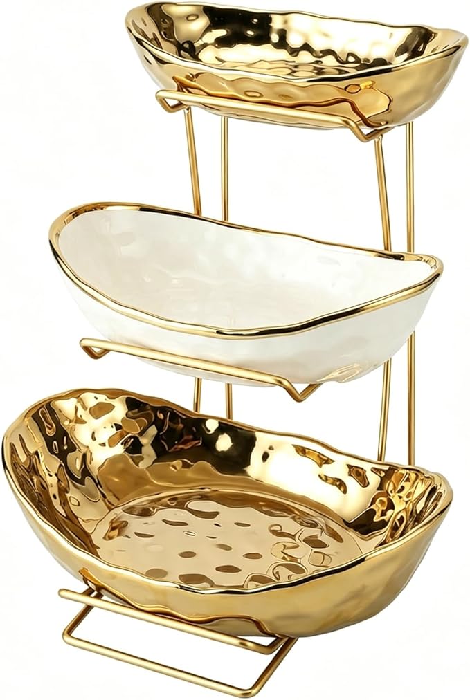 3 Tier Ceramic Fruit Bowl for Kitchen Counter with Metal Rack, Fruit Basket with Stand, Porcelain Bowls for Vegetable Bread Candy Snack Nuts Dessert Cake Tray (Gold 3 Layer)