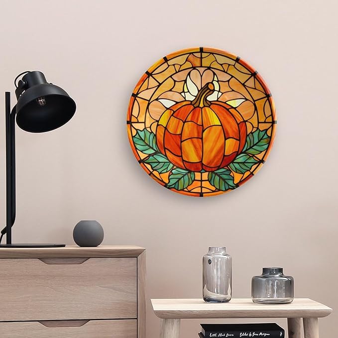 Fall Decorative Plates for Wall Hanging, Stained Glass Pumpkin & Leaves Ceramic Plate, Wobble-Plate with Display Stand, Home Decor for Kitchen Cabinets, Farmhouse Round Tray 10 Inch