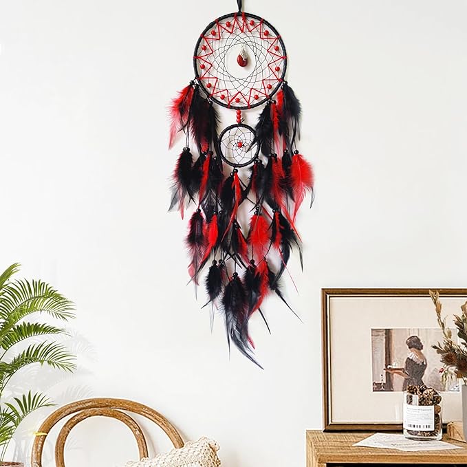 Black and Red Dream Catcher Wall Decor Feather Dream Catchers with Pendant Handmade Dreamcatcher Wall Hanging Ornament for Bedroom Living Room Home Decor