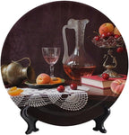 Wine Decorative Plates, 10 Inch, Red Wine Cherry Fruit Round Display Plate, Home Wobble-Plate with Display Stand, Ceramic Craft for Wall Hanging Decorative