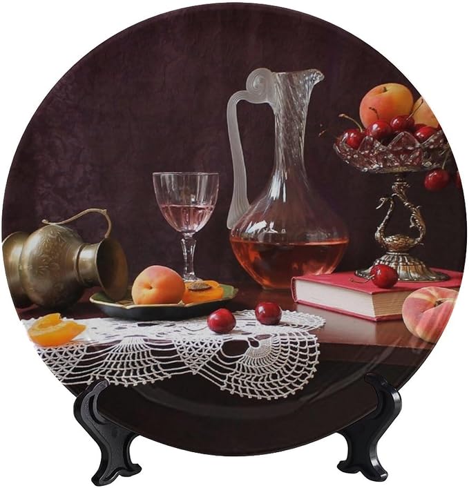 Wine Decorative Plates, 10 Inch, Red Wine Cherry Fruit Round Display Plate, Home Wobble-Plate with Display Stand, Ceramic Craft for Wall Hanging Decorative