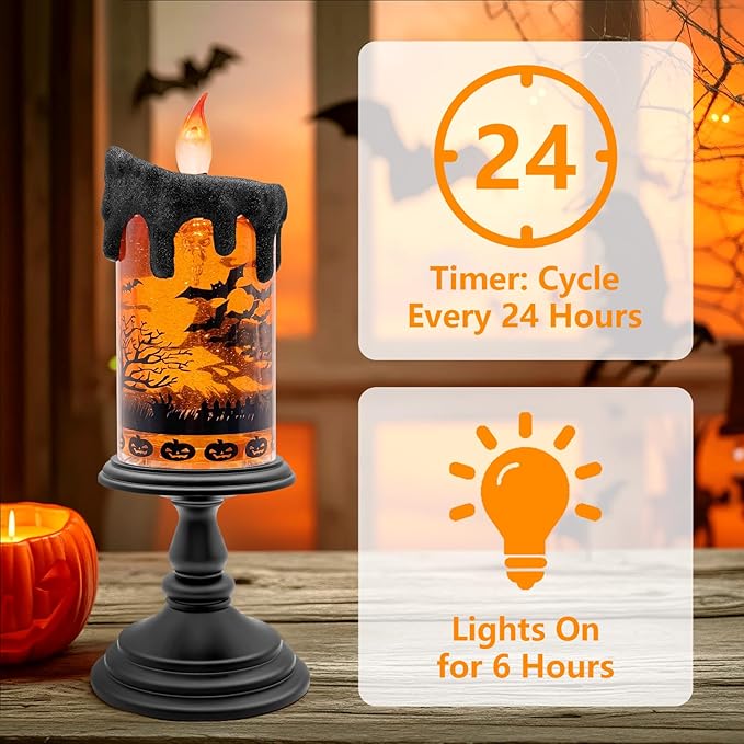 Halloween Snow Globe Flameless Candle – Lighted Halloween Glitter Lantern with Spinning Water and Timer, Pumpkin & Bat Scene Halloween Decor for Home, Party, Table Centerpiece